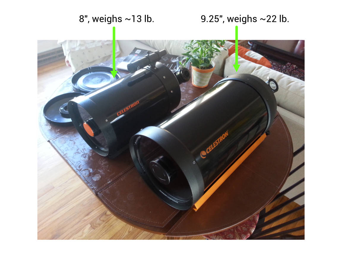 Sizes of the C8 and C9.25 SCT telescopes compared. Choose a telescope that you can manage!