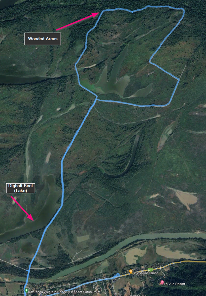 Map showing the trail in Kaziranga Western Range.